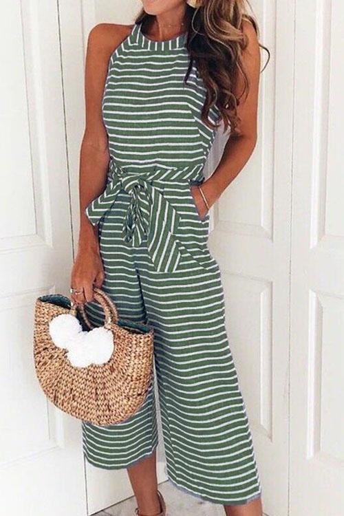 Priyavil Striped Bow-Knot Wide Leg Rompers