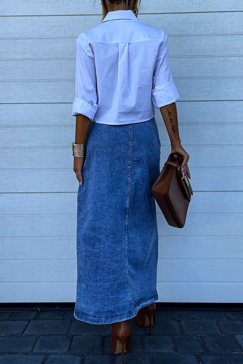 Priyavil High Rise Button Down Slit Denim Skirt