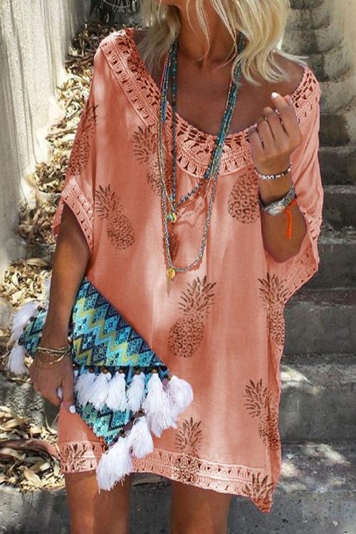 Priyavil V Neck Hollow Out Pineapple Printed Dress