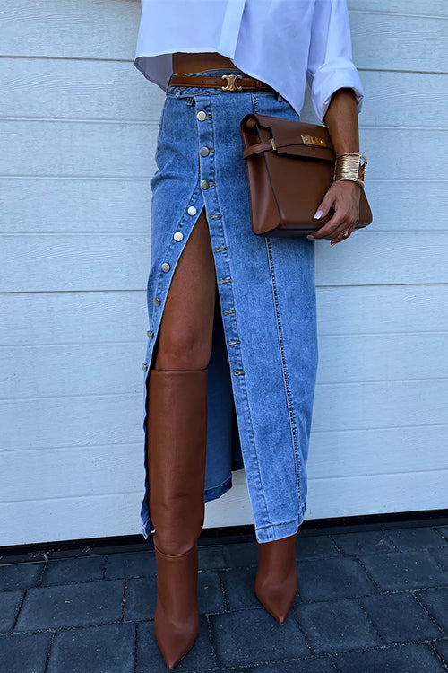 Priyavil High Rise Button Down Slit Denim Skirt