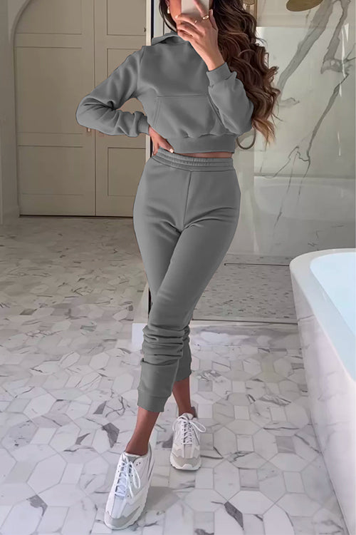 Priyavil Long Sleeves Hoodied Crop Sweatshirt Elastic Waist Joggers Loungewear Set