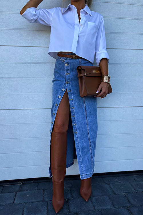 Priyavil High Rise Button Down Slit Denim Skirt