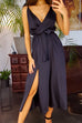 Priyavil Wrap V Neck Knot Waist High Slit Satin Cami Dress