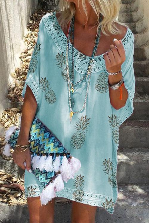 Priyavil V Neck Hollow Out Pineapple Printed Dress