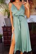 Priyavil Wrap V Neck Knot Waist High Slit Satin Cami Dress