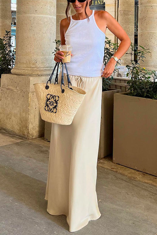 Priyavil Drawstring Waist Satin A-line Maxi Skirt