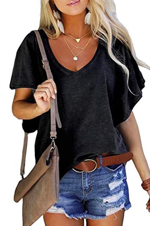 Priyavil V Neck Ruffle Short Sleeve Plain T-shirt