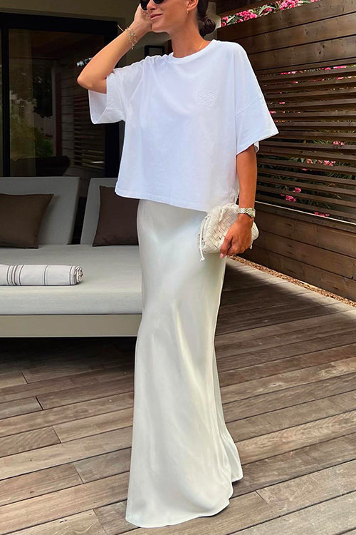 Priyavil Drawstring Waist Satin A-line Maxi Skirt