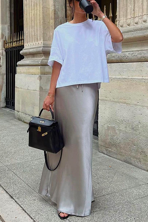 Priyavil Drawstring Waist Satin A-line Maxi Skirt