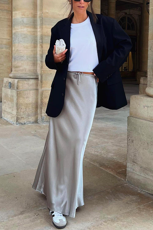 Priyavil Drawstring Waist Satin A-line Maxi Skirt