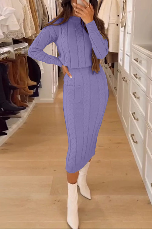 Priyavil Crewneck Long Sleeves Pullover Pocketed Midi Skirt Cable Knit Set