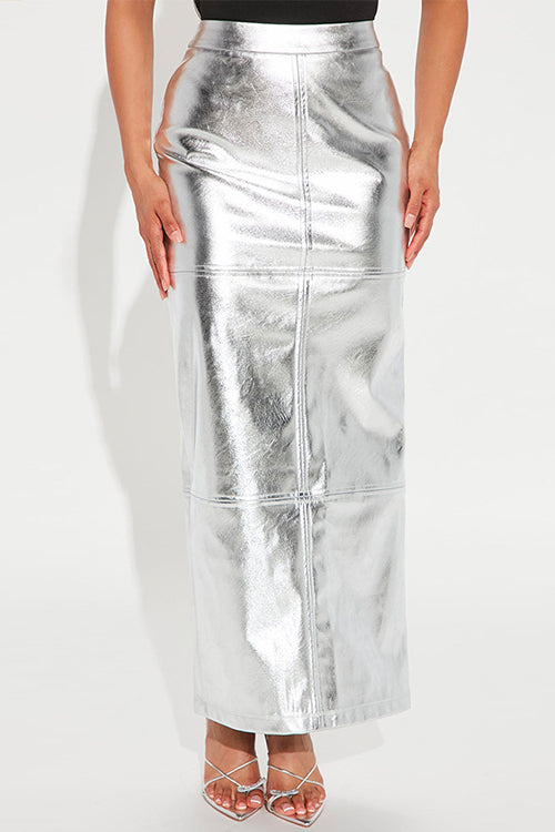 Priyavil High Waist Back Slit Splice Faux Leather Maxi Skirt