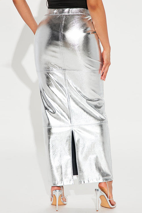 Priyavil High Waist Back Slit Splice Faux Leather Maxi Skirt