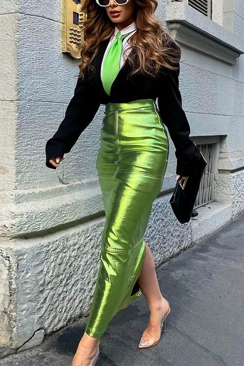 Priyavil High Waist Back Slit Splice Faux Leather Maxi Skirt