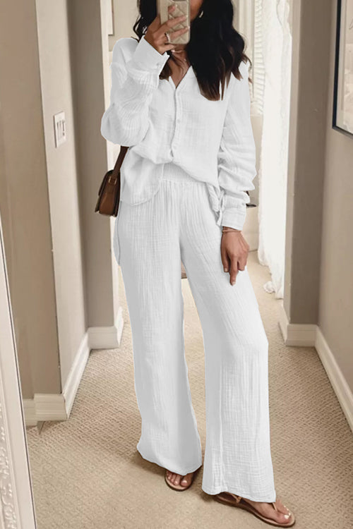Casual Long Sleeves Button Down Blouse Shirt Wide Leg Pants Set