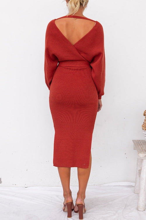 Priyavil Wrap V Neck Side Split Tie Waist Midi Sweater Dress