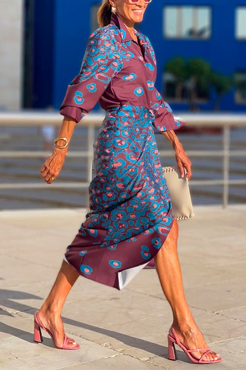 Lapel Tie Waist Color Block Printed Midi Wrap Dress