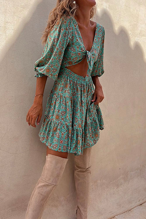 Half Sleeves Floral Print One Dress Two Ways Mini Dress