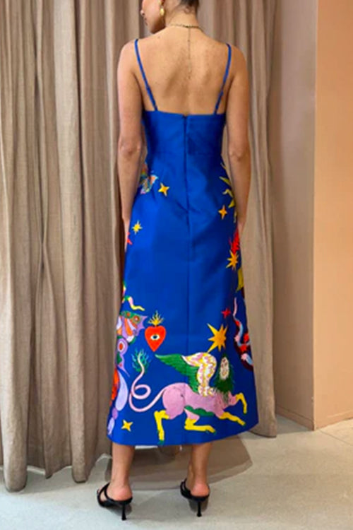 Priyavil Cross Front Cut Out Unique Printed Satin Cami Dress