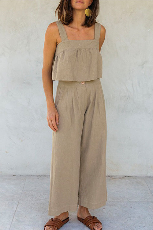 Priyavil Square Collar Crop Tank Top Wide Leg Pants Cotton Linen Set