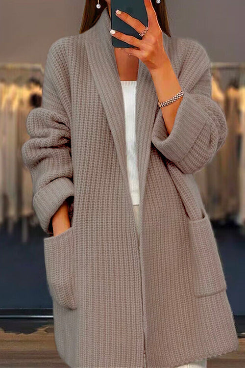 Priyavil Collared Open Front Pocketed Knitting Midi Cardigan