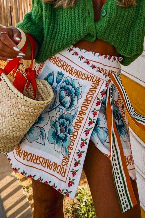 Priyavil Unique Floral Printed Tie Waist Wrapped Mini Skirt