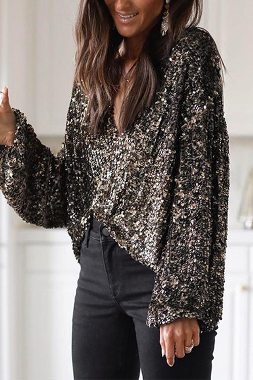 Priyavil V Neck Long Sleeve Sequin Shirt