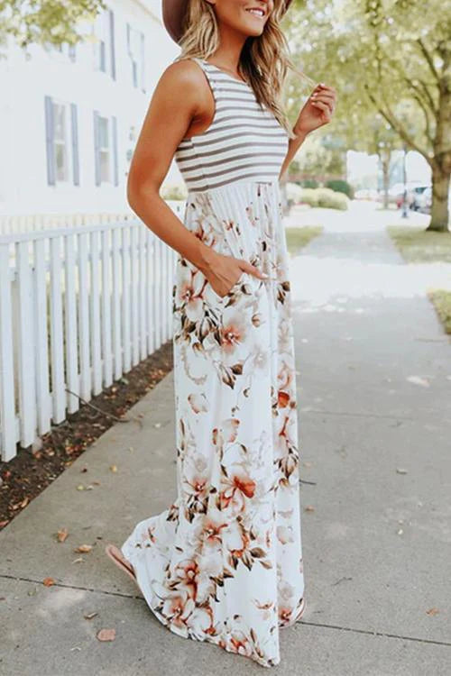 Priyavil Stripes Splice Floral Tank Maxi Dress