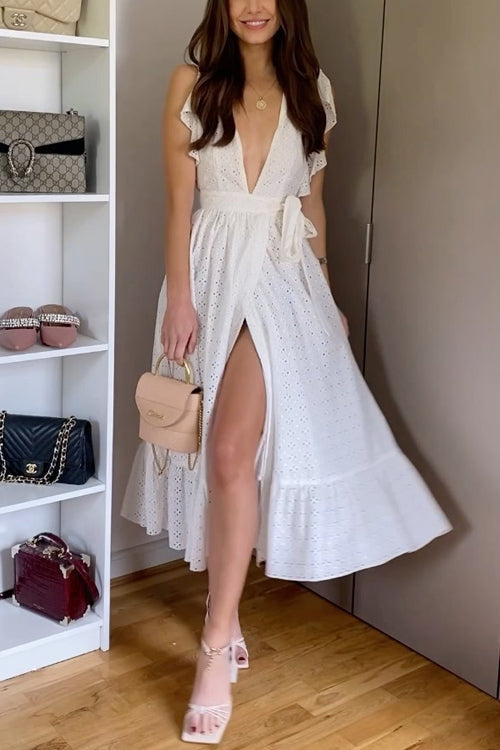 Priyavil Ruffle Slit Lace Hollow Out Midi Vacation Dress