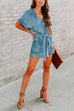 Priyavil V Neck Short Sleeves Tie Waist Pockets Denim Romper