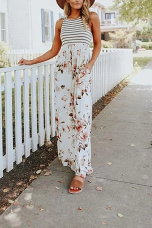 Priyavil Stripes Splice Floral Tank Maxi Dress