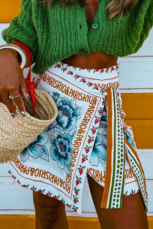 Priyavil Unique Floral Printed Tie Waist Wrapped Mini Skirt