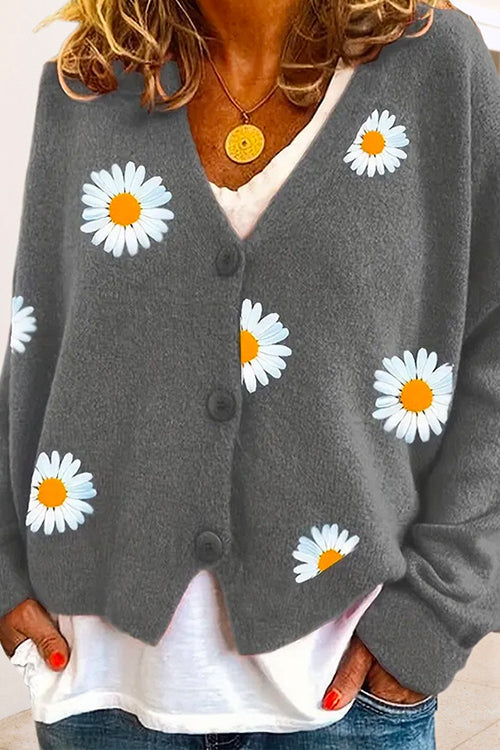Priyavil V Neck Button Up Daisy Embroidery Sweater Cardigan