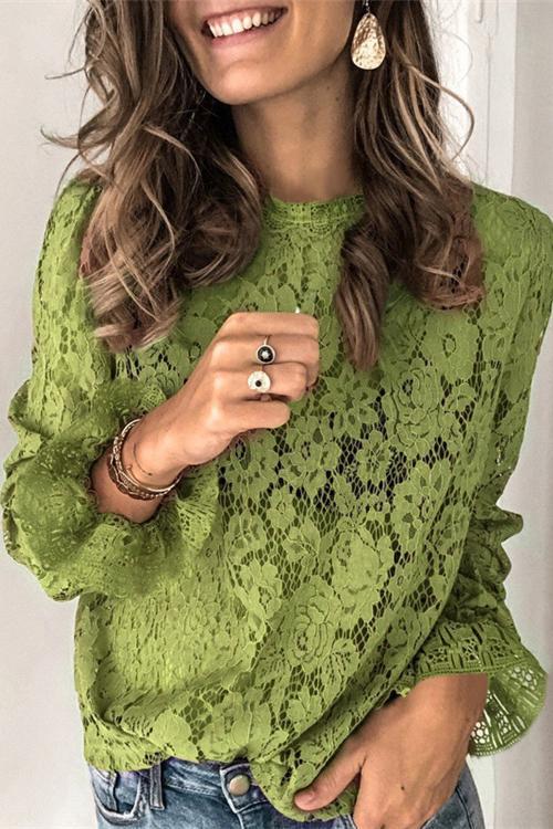Priyavil Floral Lace Hollow Out Bell Sleeves Tops
