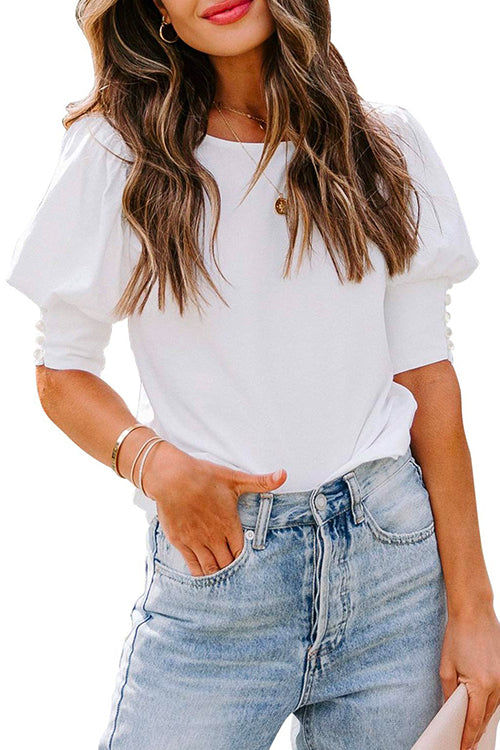 Priyavil Buttons Puff Sleeve Solid T-shirt