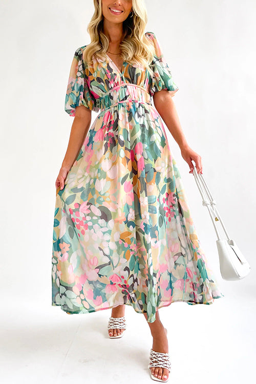 Priyavil V Neck Frilled Waist Floral Printed Maxi Swing Dress