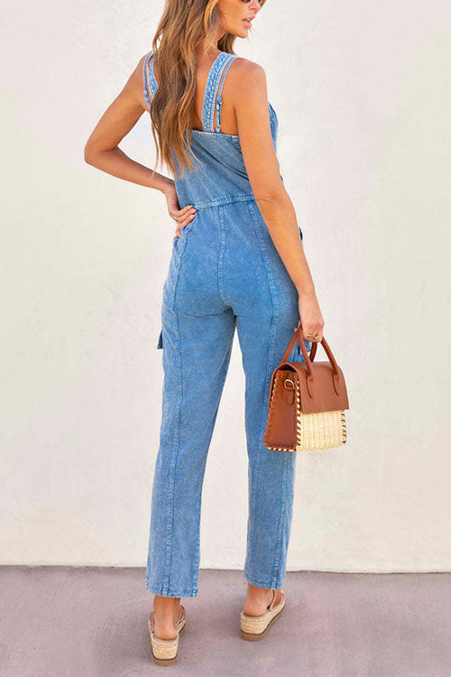 Priyavil V Neck Drawstring Waist Sleeveless Denim Overall Jumpsuit