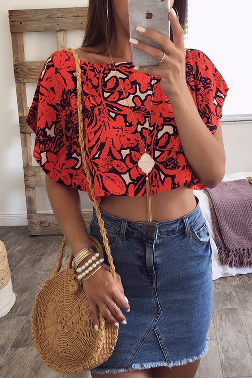 Priyavil Batwing Short Sleeve Printed Crop Top