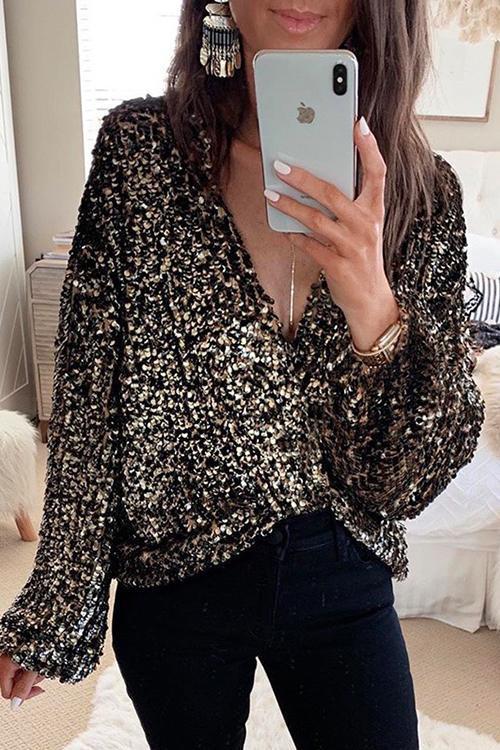 Priyavil V Neck Long Sleeve Sequin Shirt