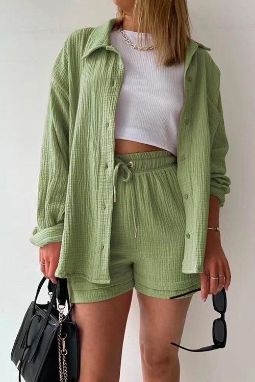 Priyavil Drop Shoulder Long Sleeves Blouse Shirt Drawstring Waist Shorts Set