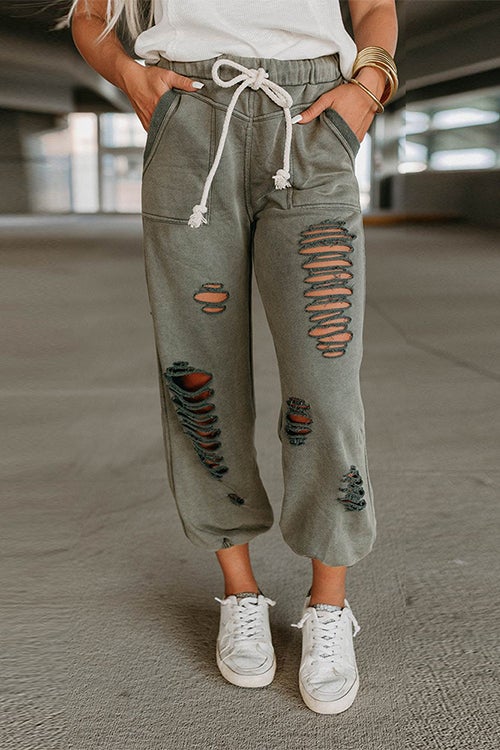 Priyavil Casual Tie Waist Ripped Cut Out Joggers