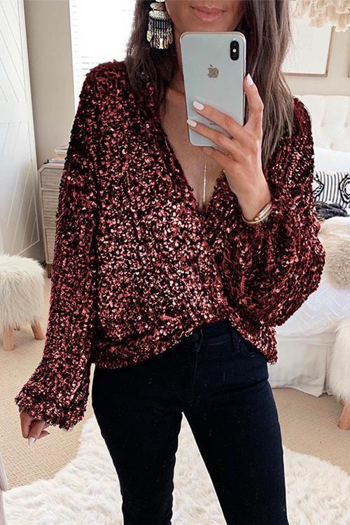 Priyavil V Neck Long Sleeve Sequin Shirt
