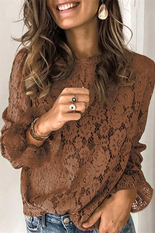 Priyavil Floral Lace Hollow Out Bell Sleeves Tops
