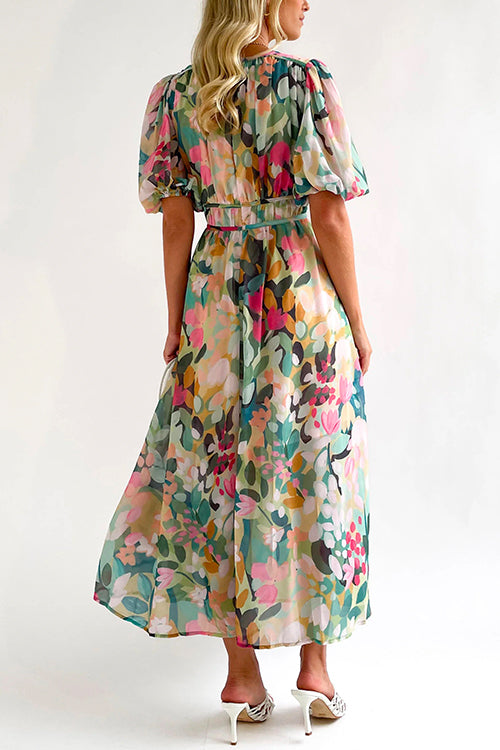 Priyavil V Neck Frilled Waist Floral Printed Maxi Swing Dress