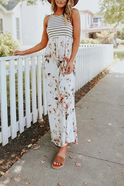 Priyavil Stripes Splice Floral Tank Maxi Dress