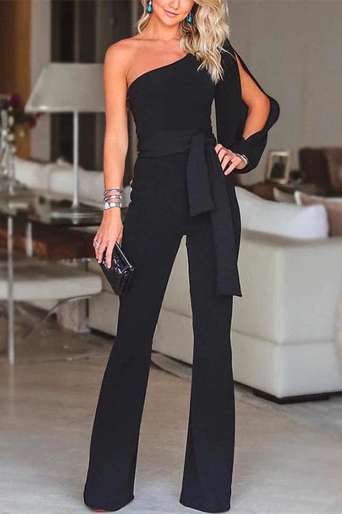 Priyavil One Shoulder Slit Sleeve Tie Knot Jumpsuit