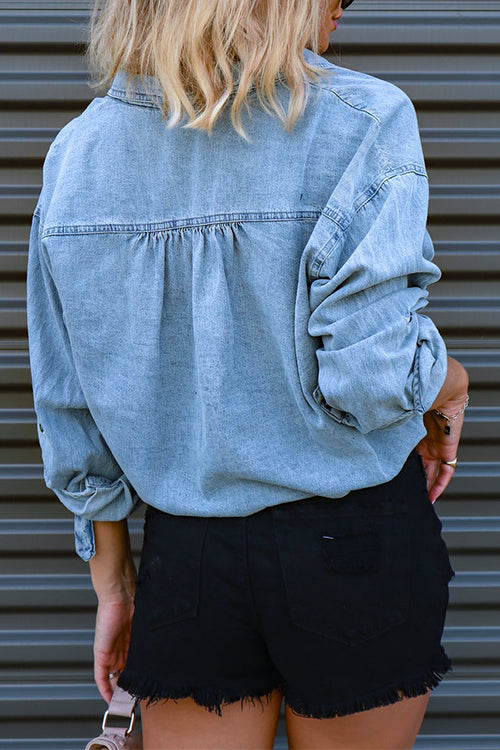 Priyavil Long Sleeves Drawstring Hem Cropped Denim Shirt