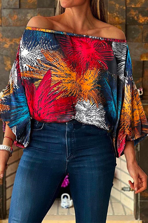 Priyavil Off Shoulder Lantern Sleeve Printed Loose Pullovers