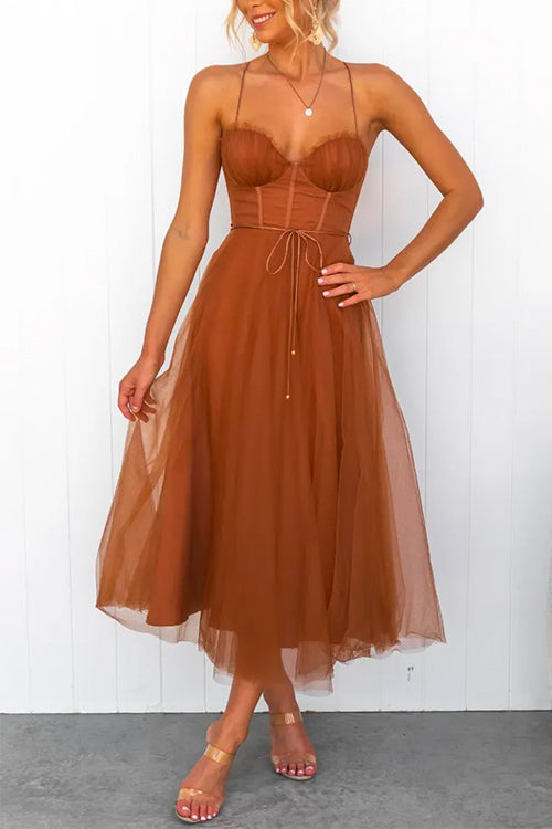 Priyavil Open Back Waisted Swing Maxi Cami Tulle Dress