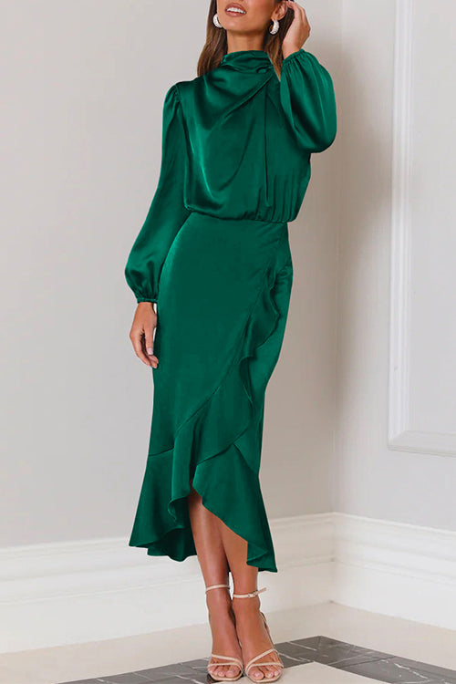 Priyavil Mockneck Long Sleeves Waisted Ruffle Mermaid Satin Dress